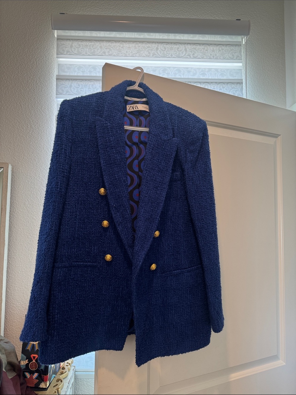Zara Navy Blue Textured Double-Breasted Blazer with Gold Buttons